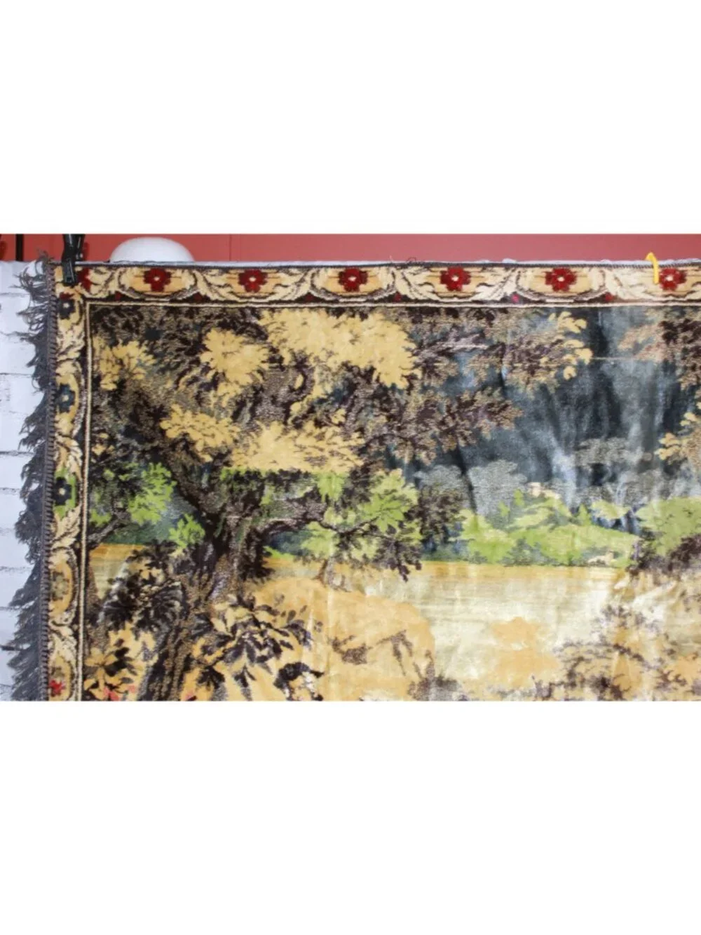 Vintage French Hunting Scene Tapestry Wall Hanging Blanket Fringe Decor 50x72